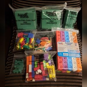 A lot of Hand2Mind math linking cubes, color tiles, shapes, base ten flats etc